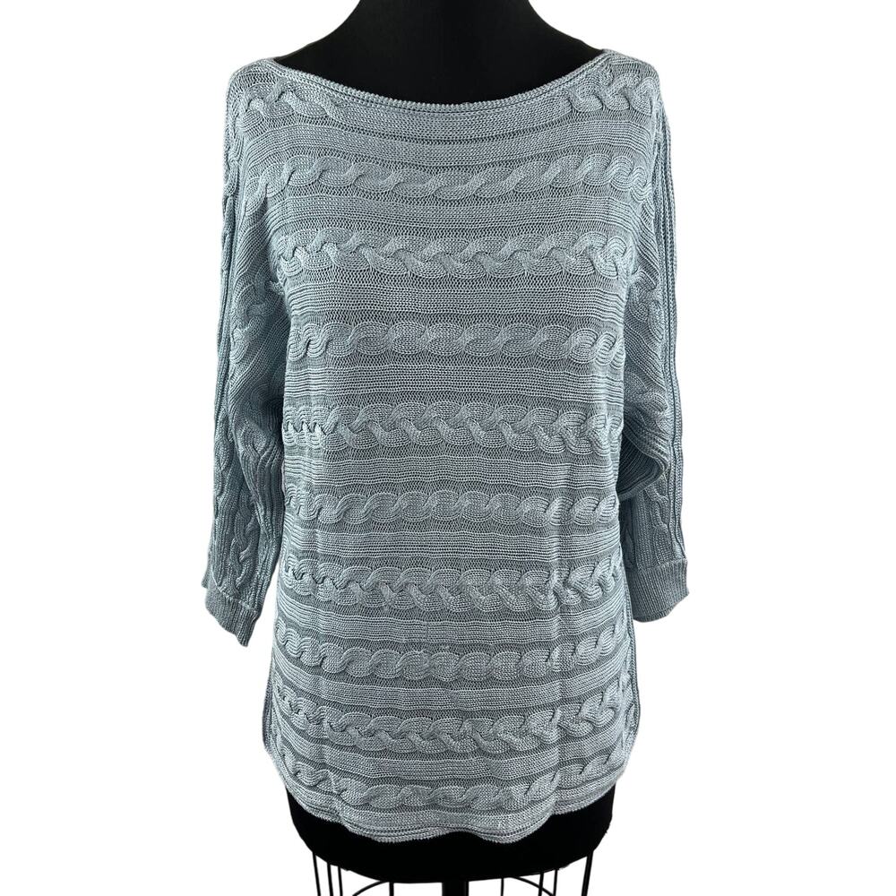 Lauren Ralph Lauren Blue Cotton Blend Boat Neck Cable Knit 3/4 Sleeve Sweater L